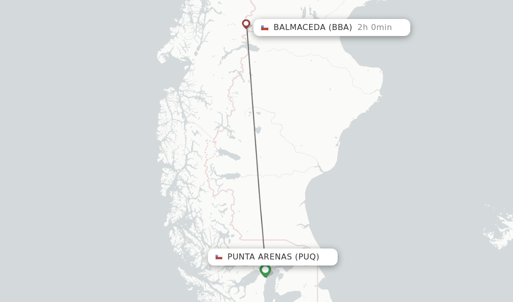 Flights from Punta Arenas to Balmaceda route map