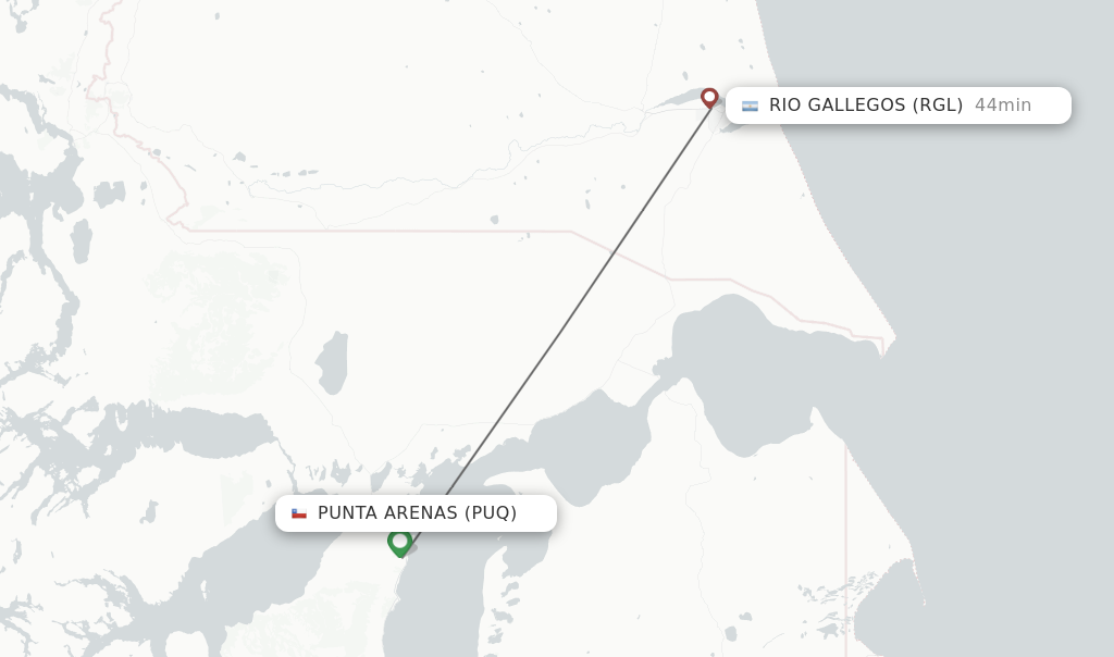 Flights from Punta Arenas to Rio Gallegos route map
