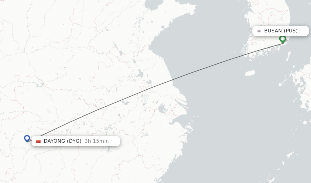 Flights from Busan to Dayong route map