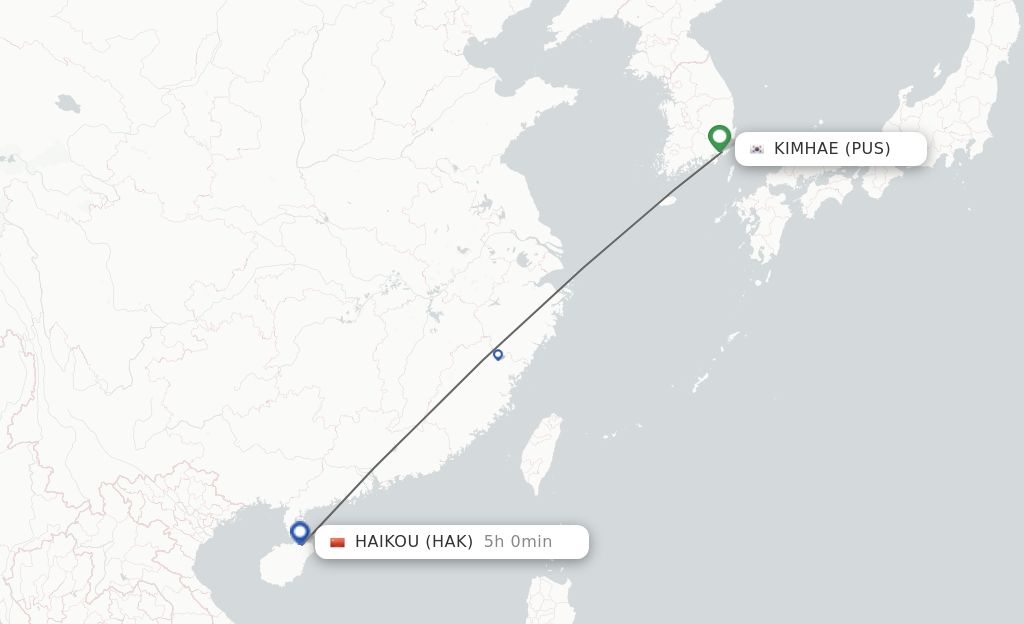 Flights from Busan to Haikou route map