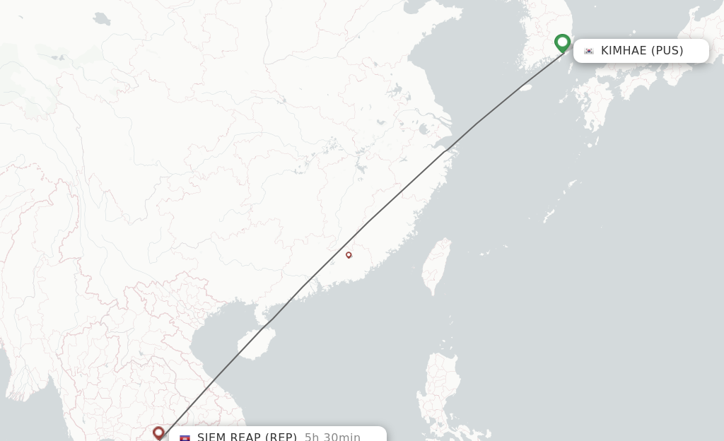 Flights from Busan to Siem Reap route map