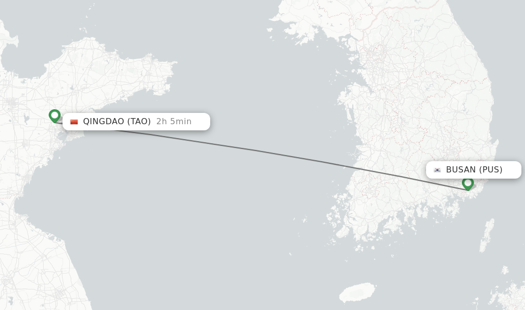 Flights from Busan to Qingdao route map