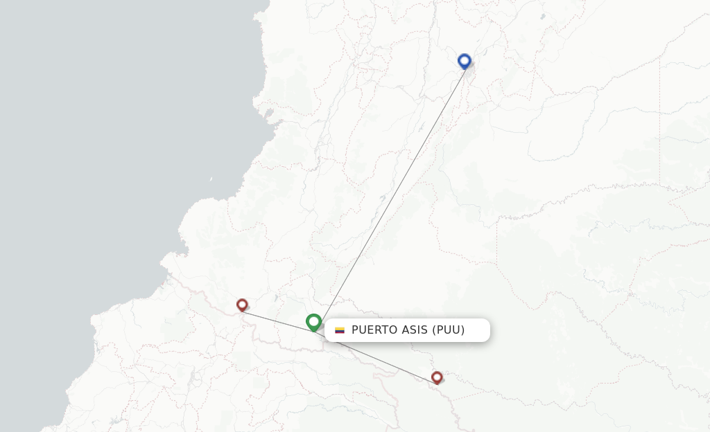 Route map with flights from Puerto Asis with SATENA
