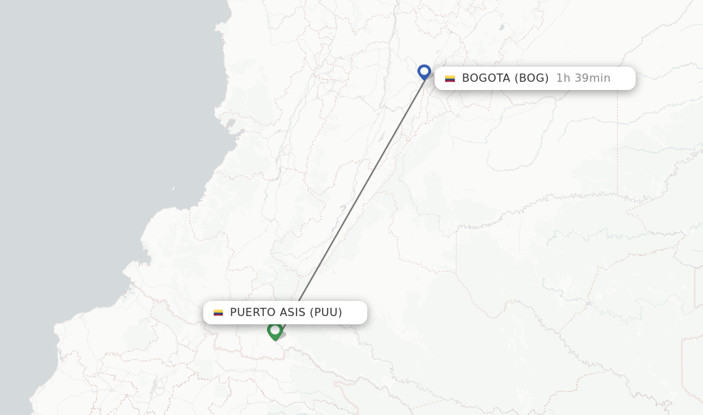 Flights from Puerto Asis to Bogota route map