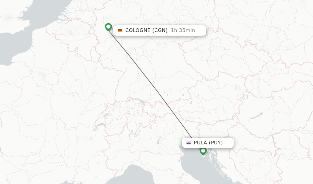 Flights from Pula to Cologne route map