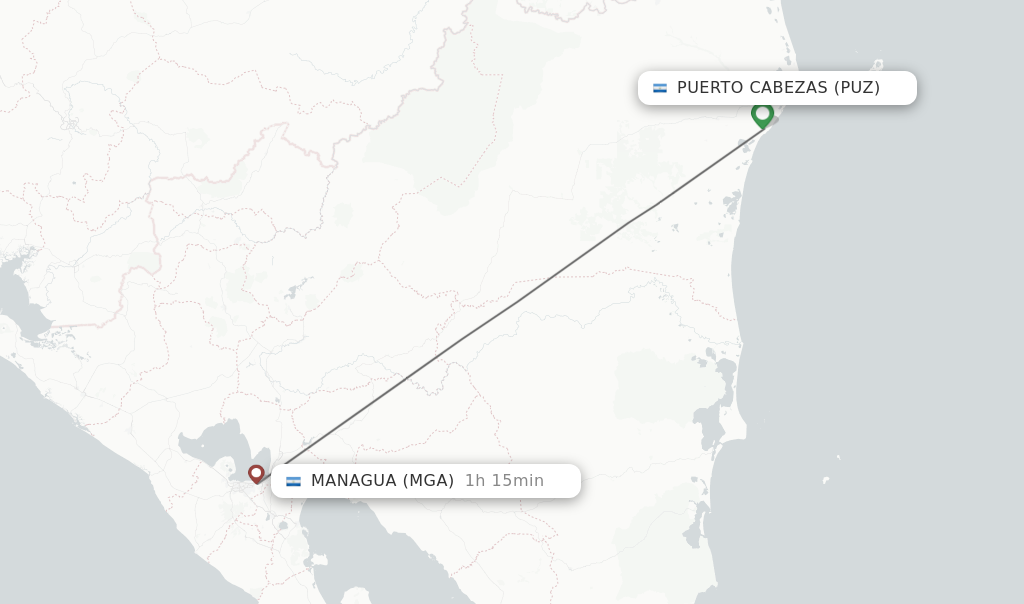 Flights from Puerto Cabezas to Managua route map