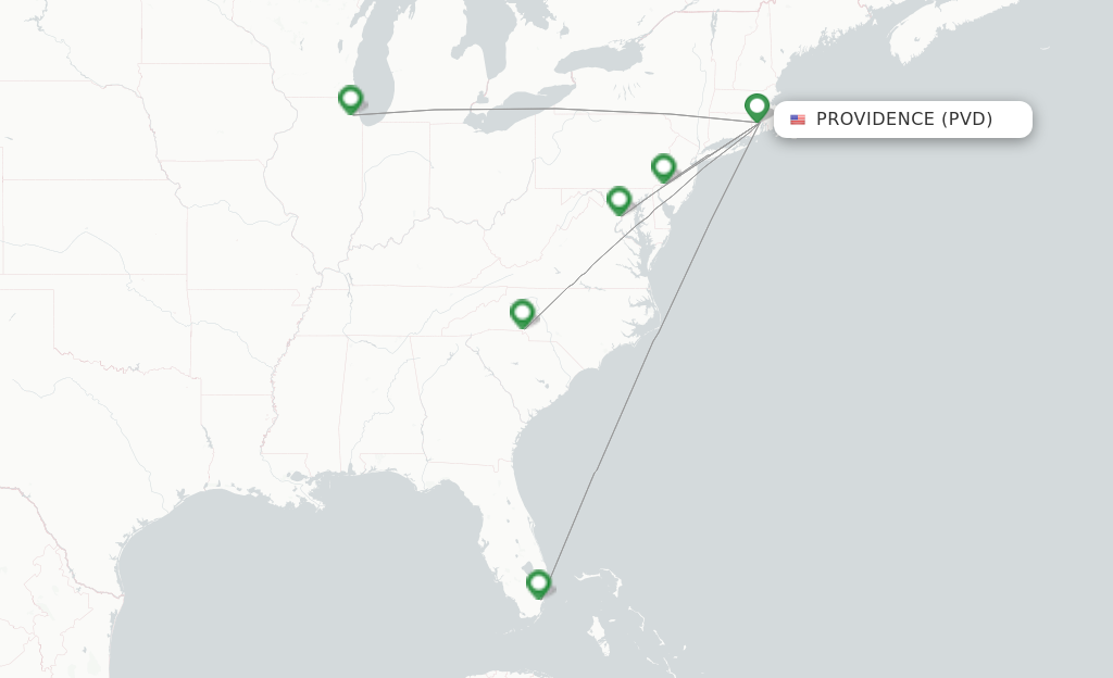 Route map with flights from Providence with American Airlines