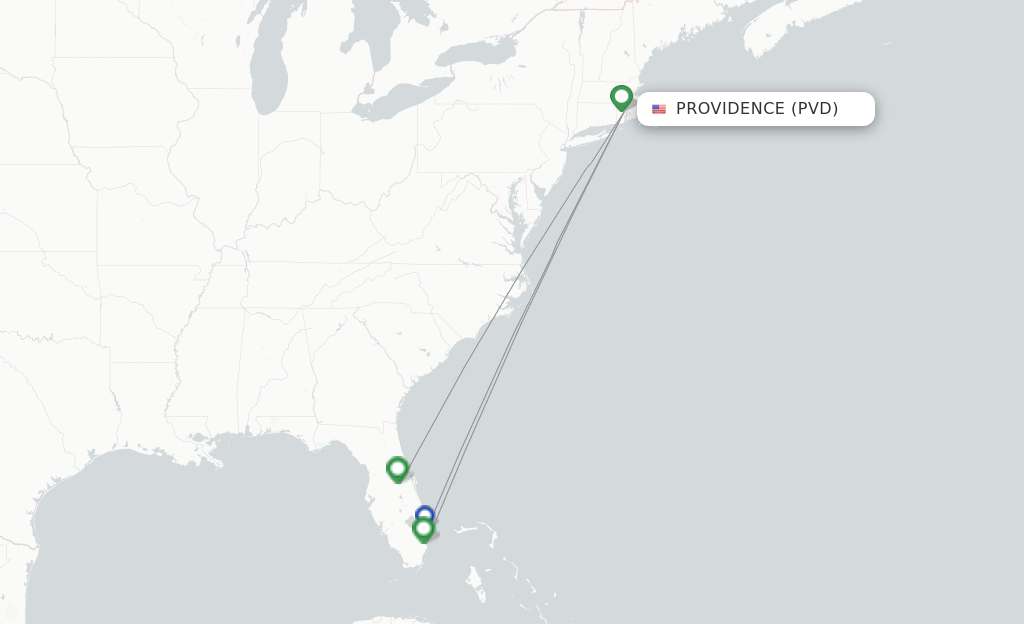 Route map with flights from Providence with JetBlue Airways