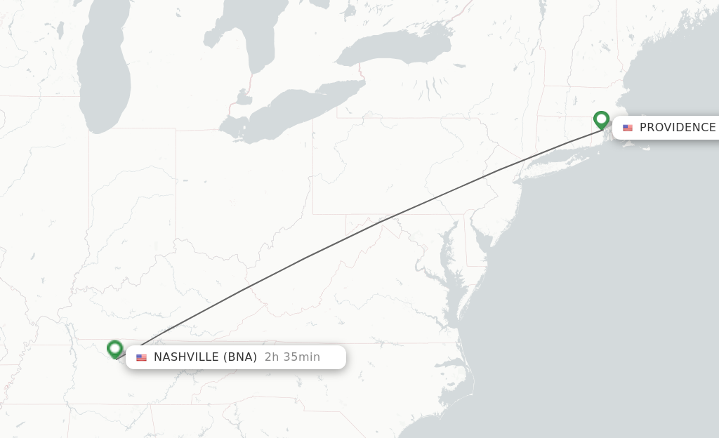 Flights from Providence to Nashville route map