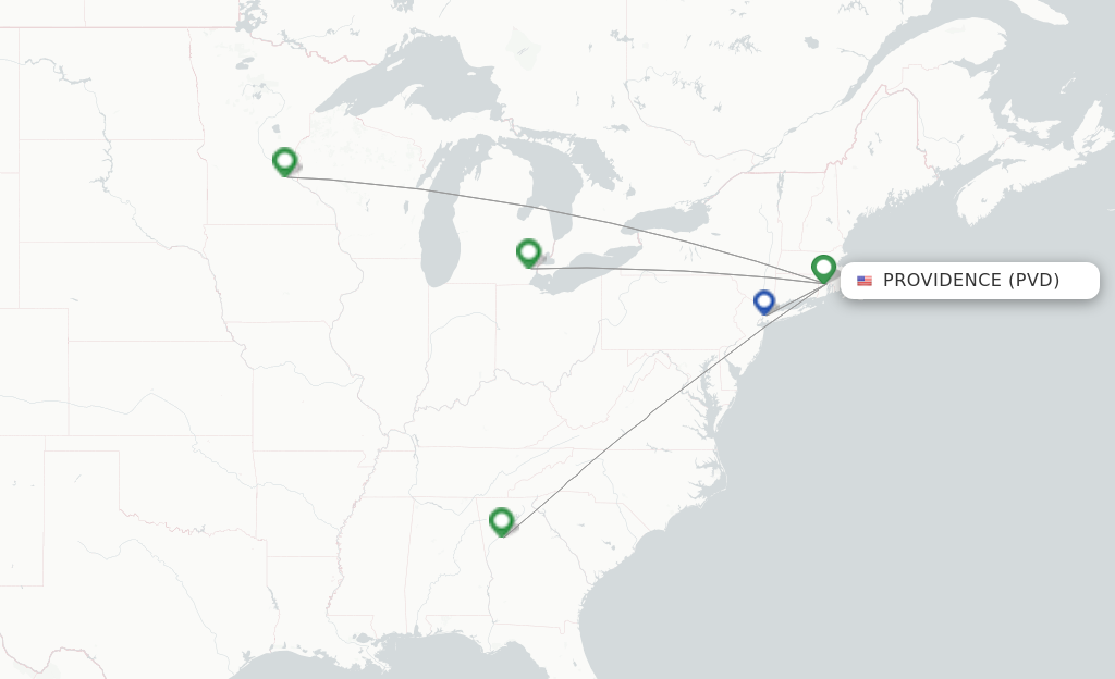 Route map with flights from Providence with Delta Air Lines