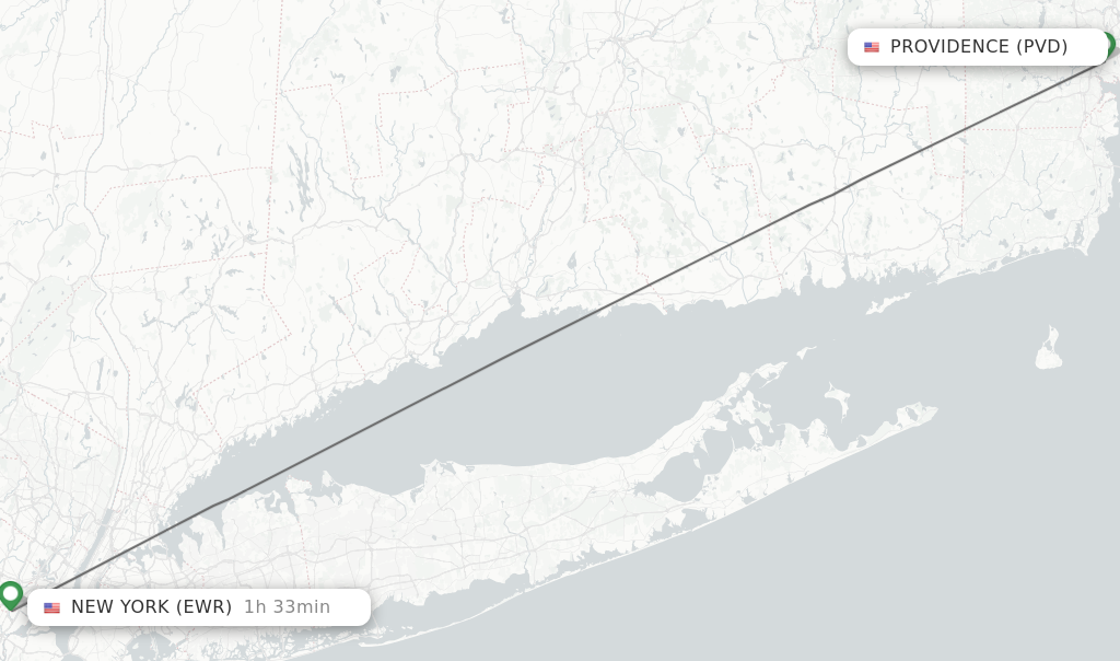 Flights from Providence to New York route map