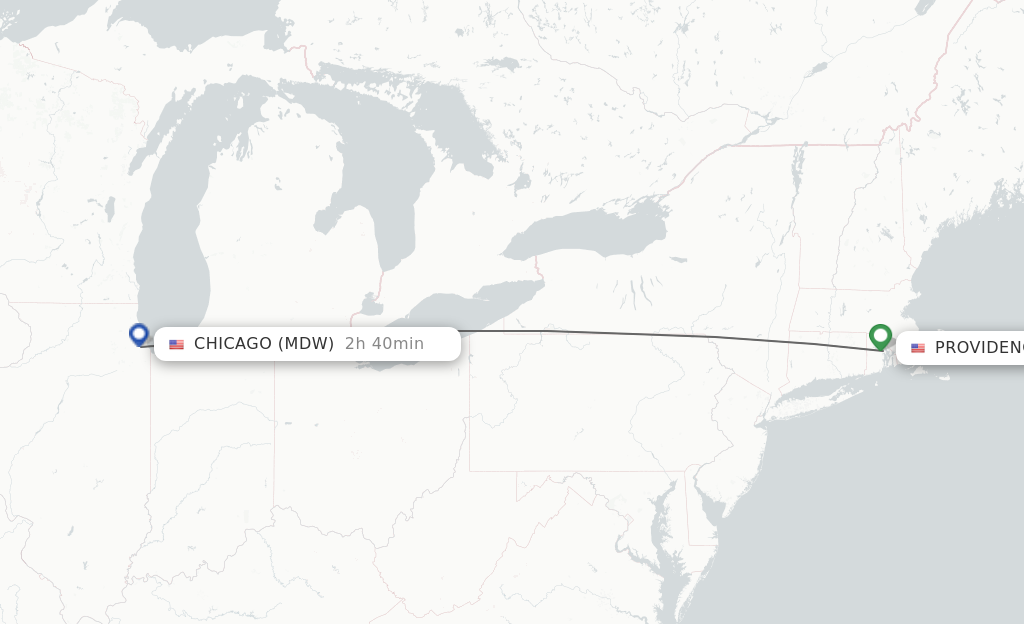 Flights from Providence to Chicago route map
