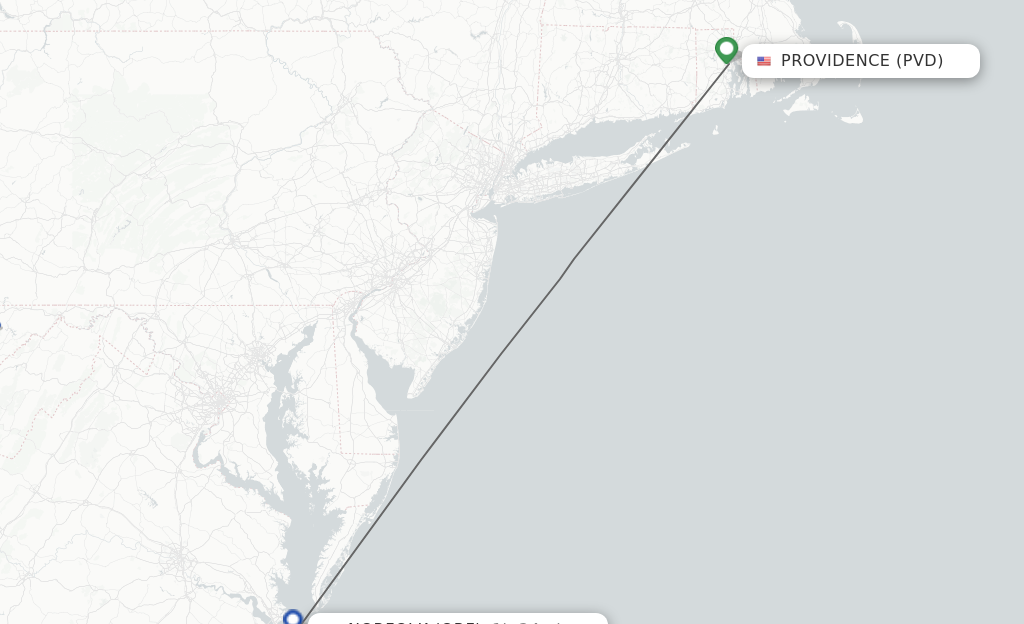 Flights from Providence to Norfolk route map