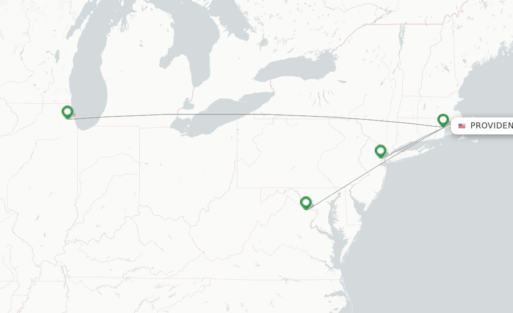 Route map with flights from Providence with United Airlines