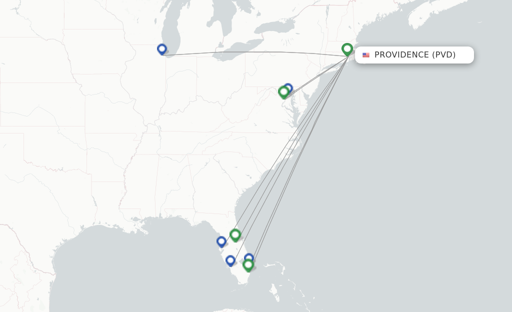 Route map with flights from Providence with Southwest Airlines