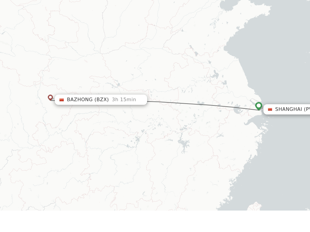 Flights from Shanghai to Bazhong route map
