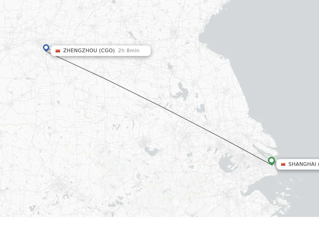 Flights from Shanghai to Zhengzhou route map