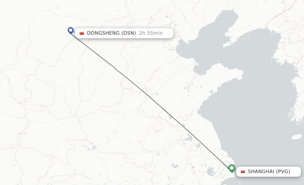 Flights from Shanghai to Dongsheng route map