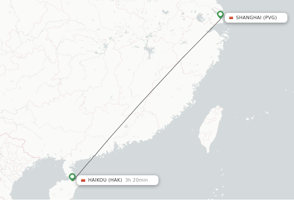 Flights from Shanghai to Haikou route map