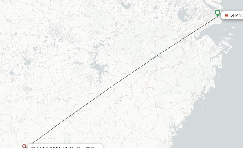Flights from Shanghai to Chenzhou route map