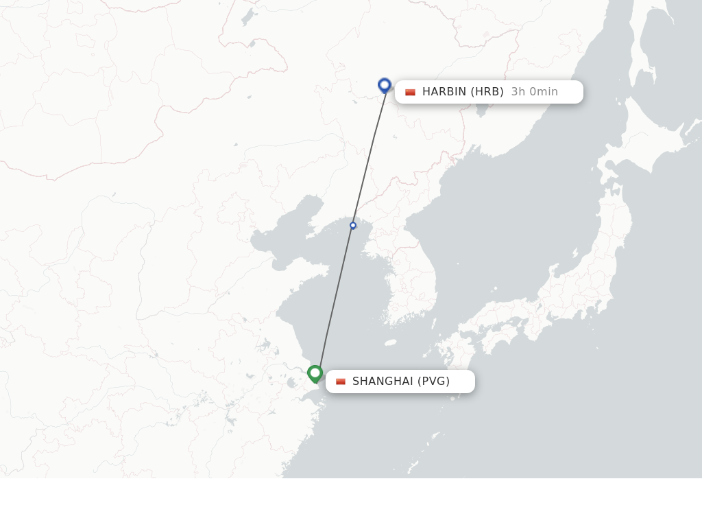 Flights from Shanghai to Harbin route map