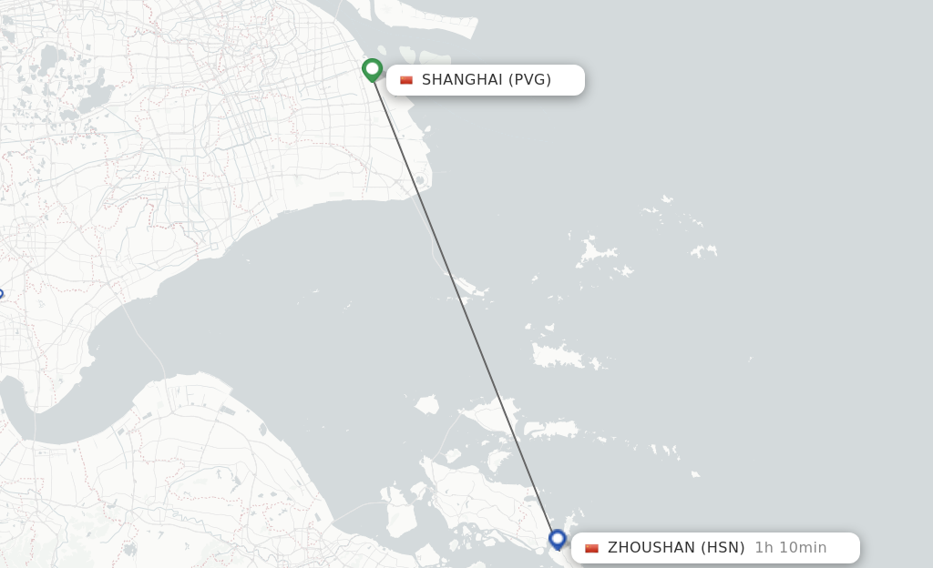 Flights from Shanghai to Zhoushan route map