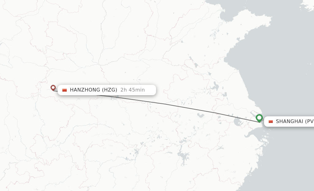 Flights from Shanghai to Hanzhong route map