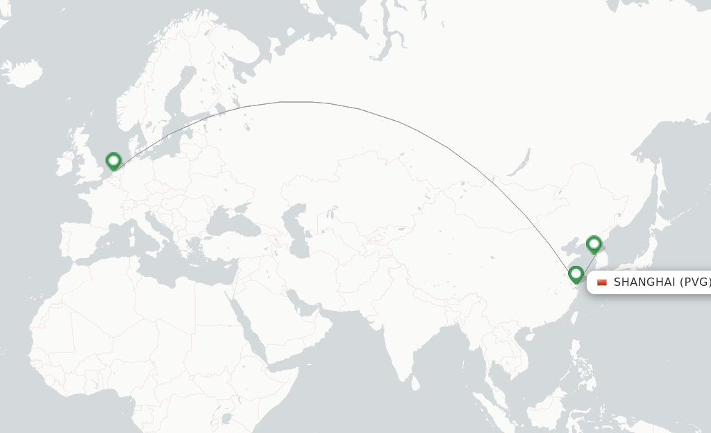 Route map with flights from Shanghai with KLM