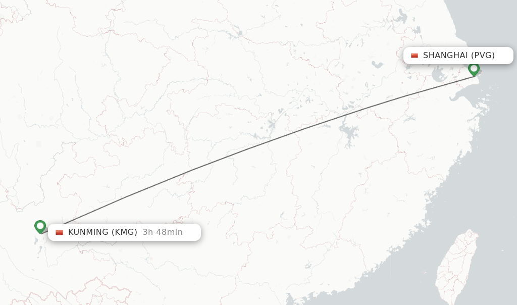 Flights from Shanghai to Kunming route map