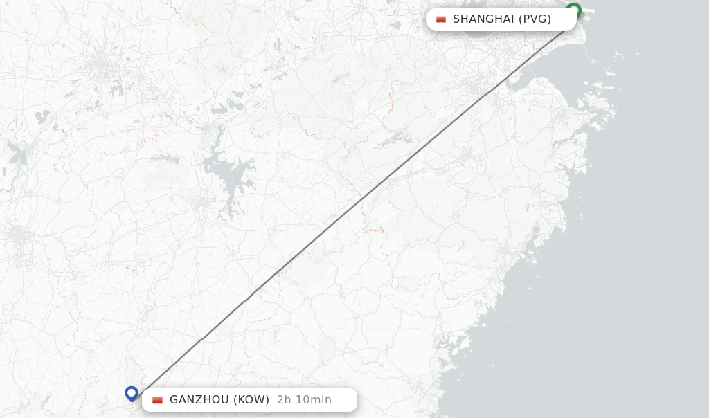 Flights from Shanghai to Ganzhou route map
