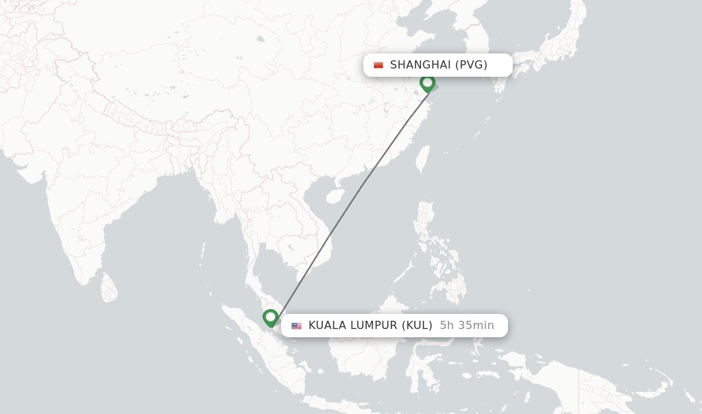 Flights from Shanghai to Kuala Lumpur route map