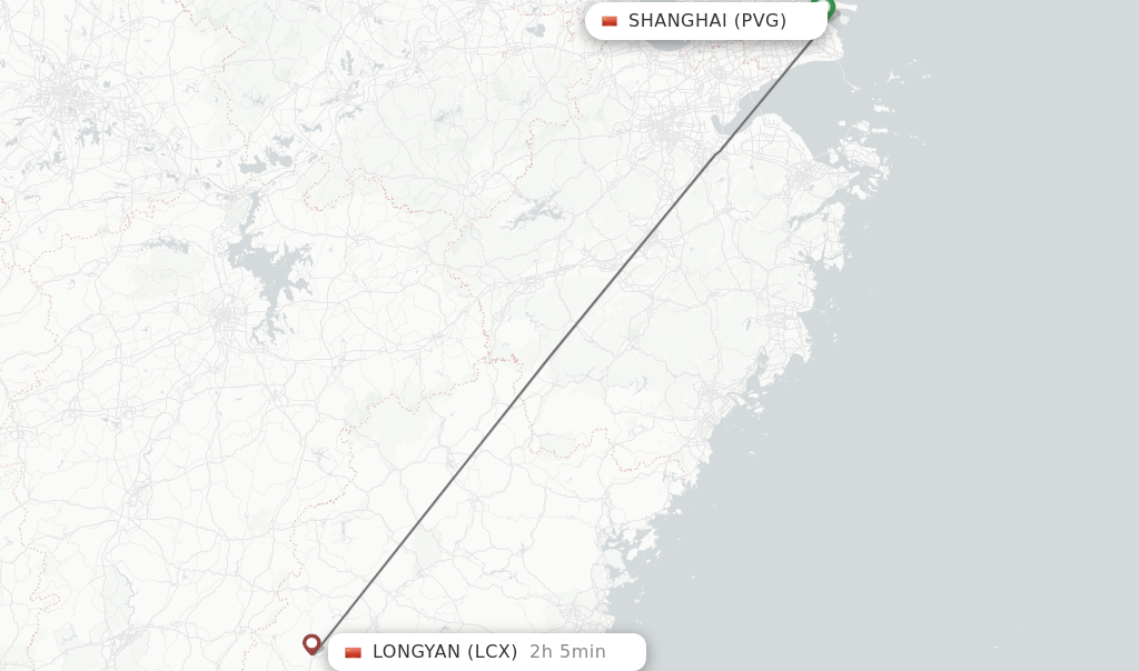 Flights from Shanghai to Longyan route map
