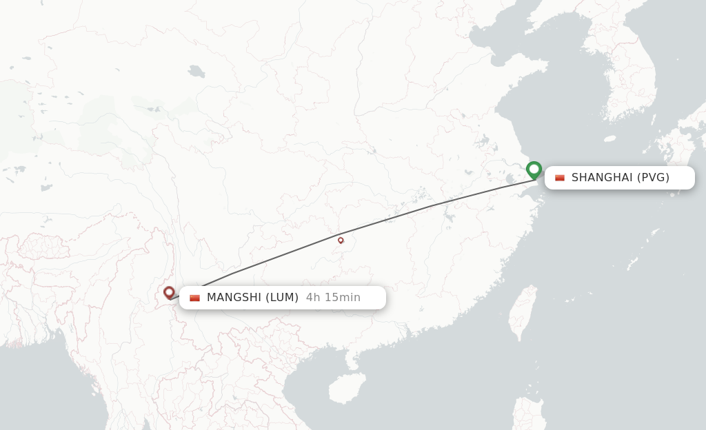 Flights from Shanghai to Mangshi route map