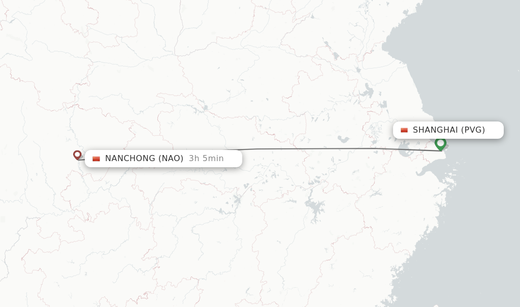Flights from Shanghai to Nanchong route map