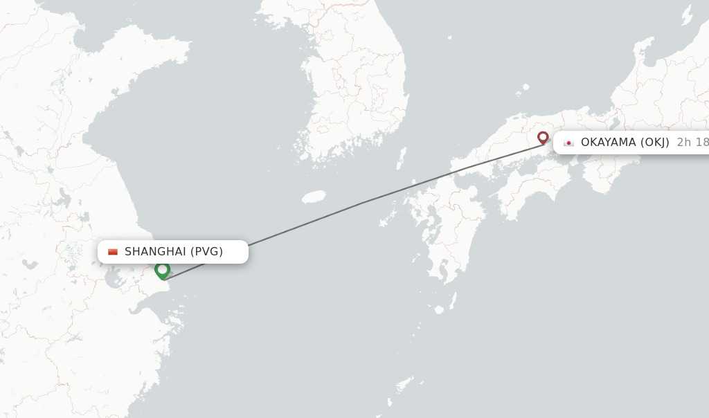 Flights from Shanghai to Okayama route map