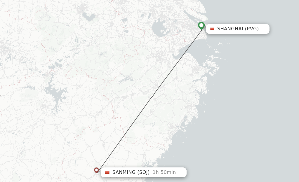 Flights from Shanghai to Sanming route map