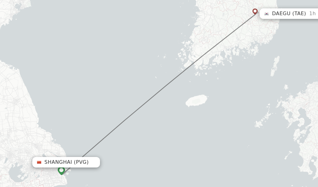 Flights from Shanghai to Daegu route map
