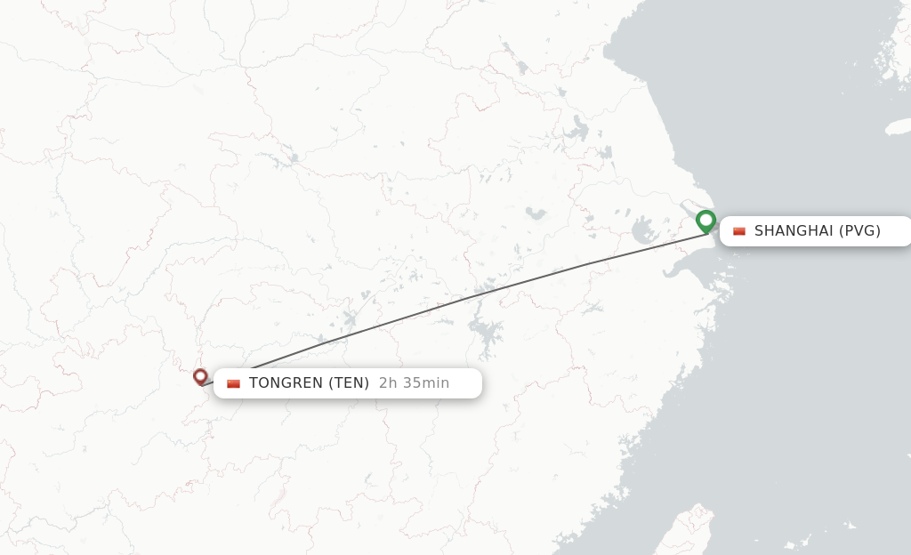 Flights from Shanghai to Tongren route map