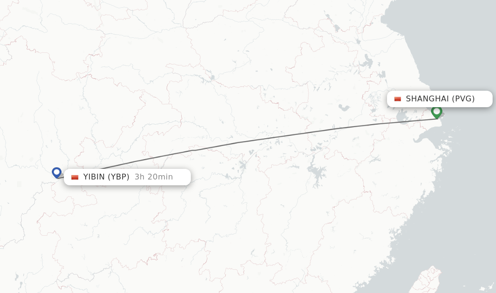 Flights from Shanghai to Yibin route map