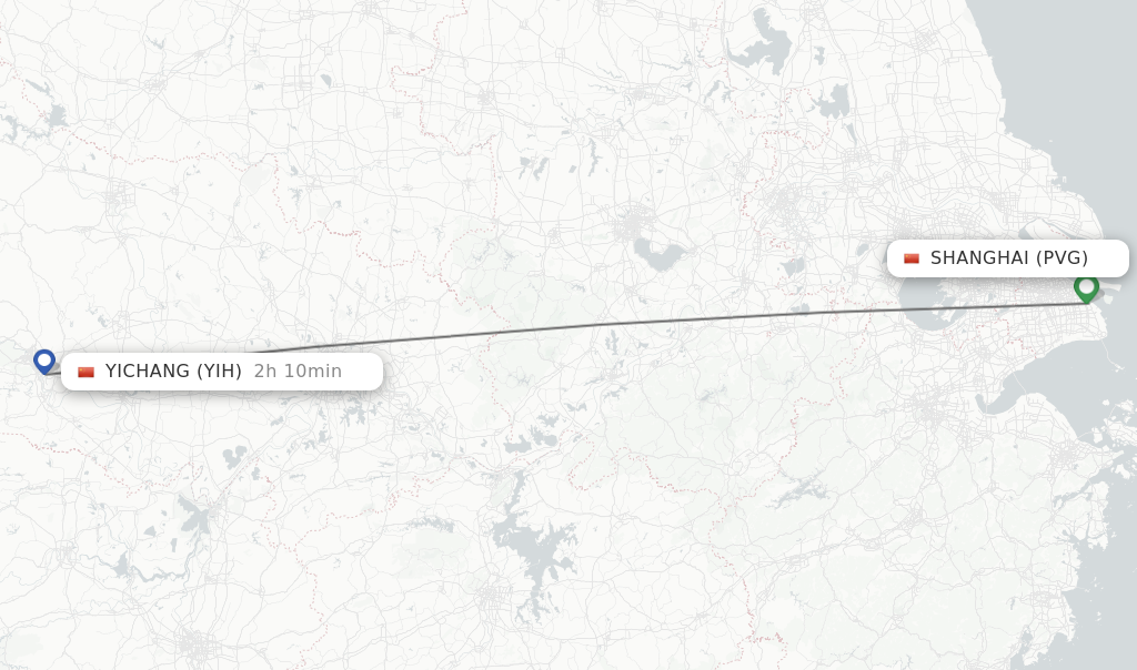 Flights from Shanghai to Yichang route map
