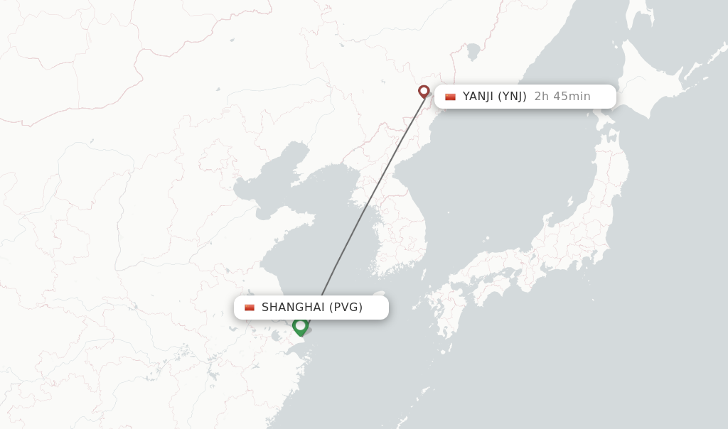 Flights from Shanghai to Yanji route map