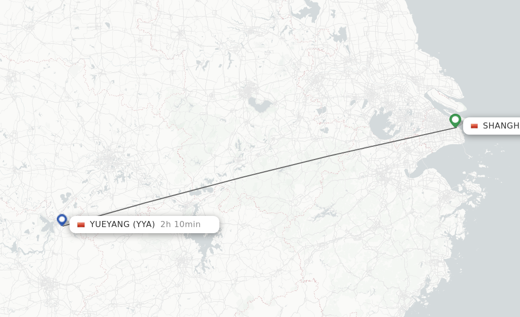 Flights from Shanghai to Yueyang route map