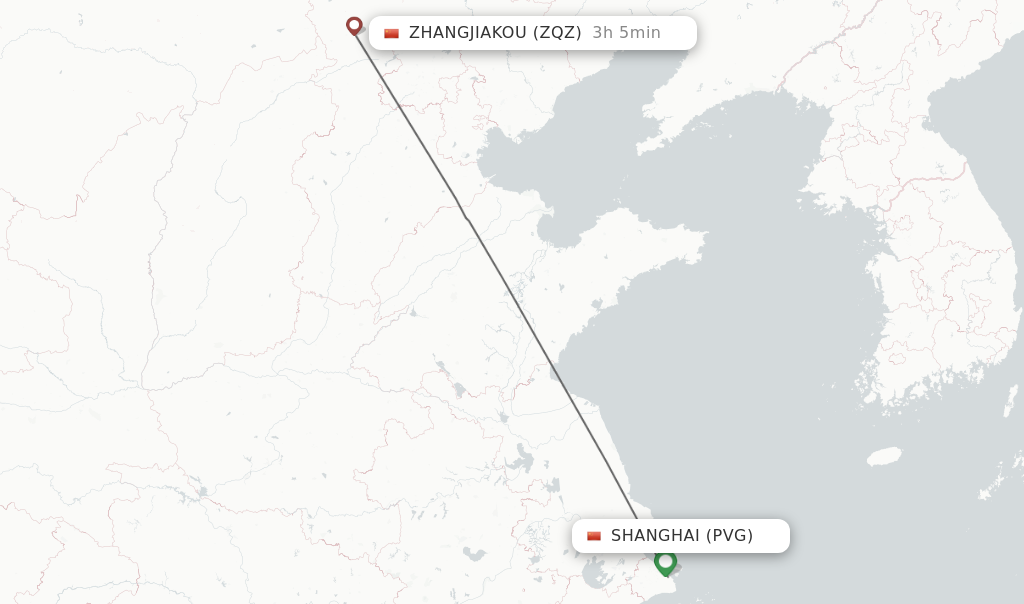 Flights from Shanghai to Zhangjiakou route map