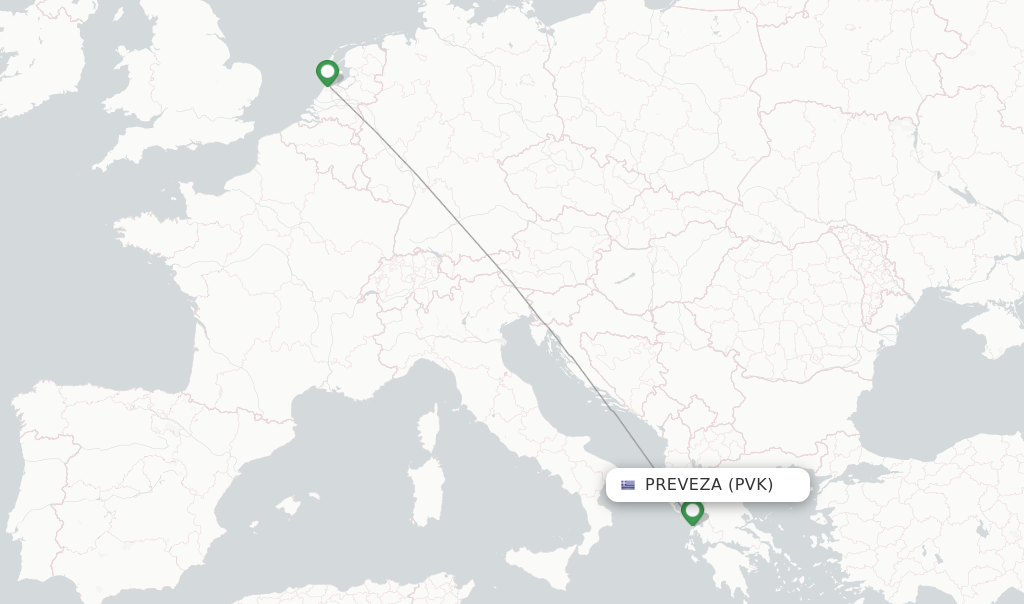 Route map with flights from Preveza with Transavia