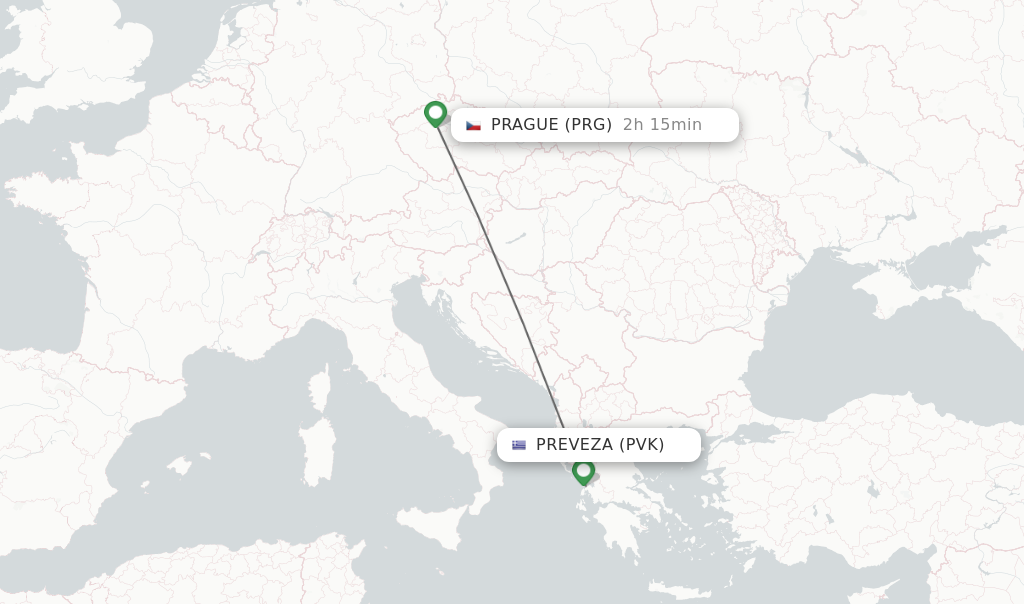 Flights from Preveza to Prague route map