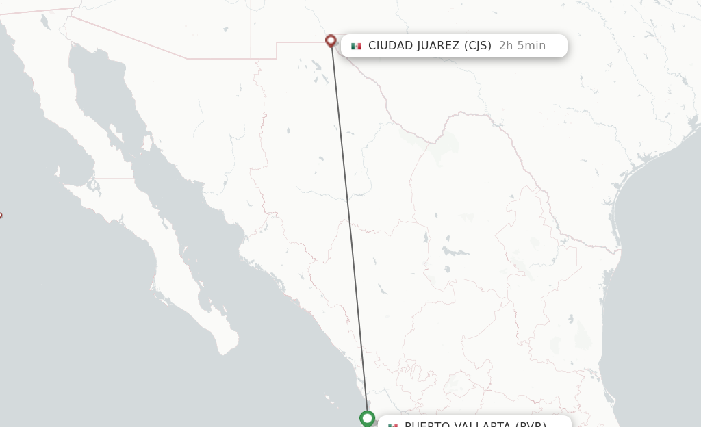 Flights from Puerto Vallarta to Ciudad Juarez route map