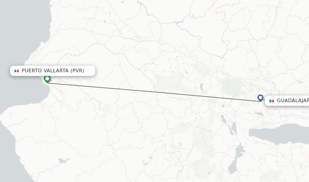 Flights from Puerto Vallarta to Guadalajara route map