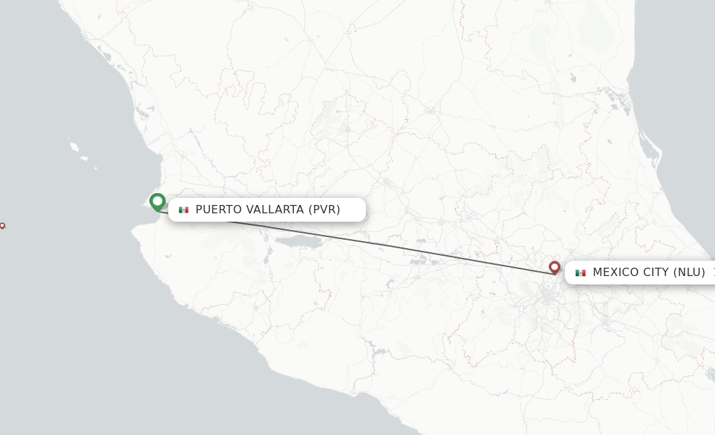 Flights from Puerto Vallarta to Mexico City route map