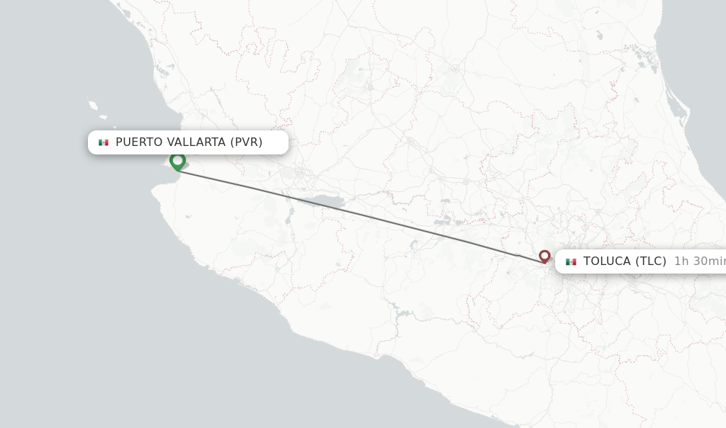 Flights from Puerto Vallarta to Toluca route map
