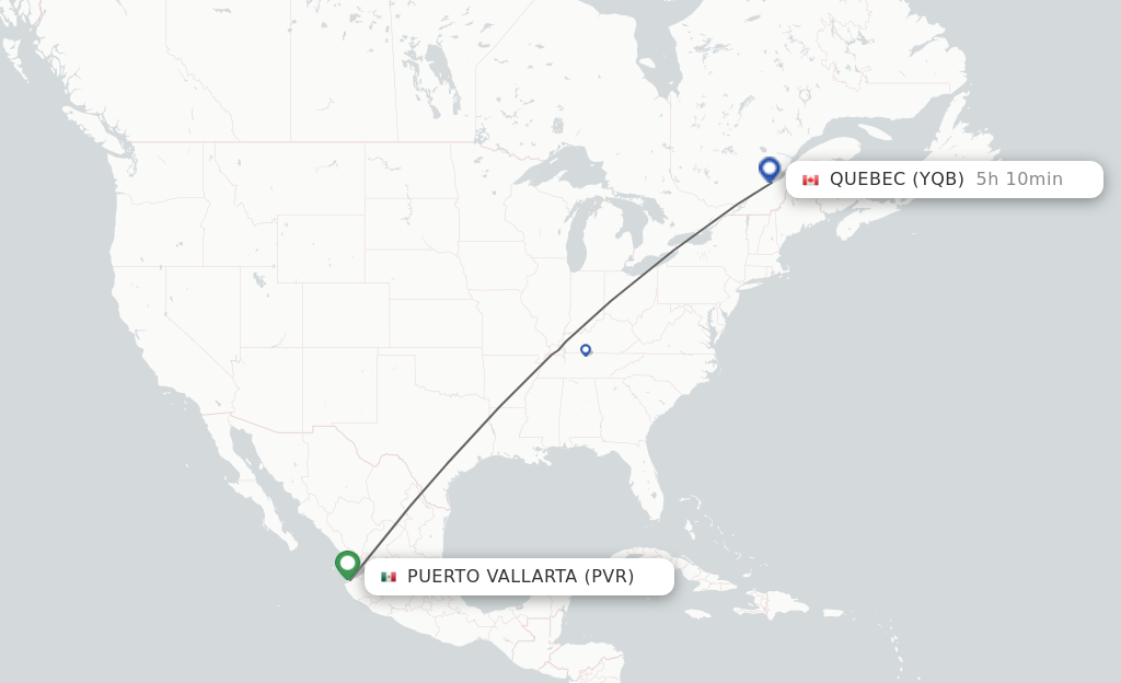 Flights from Puerto Vallarta to Quebec route map